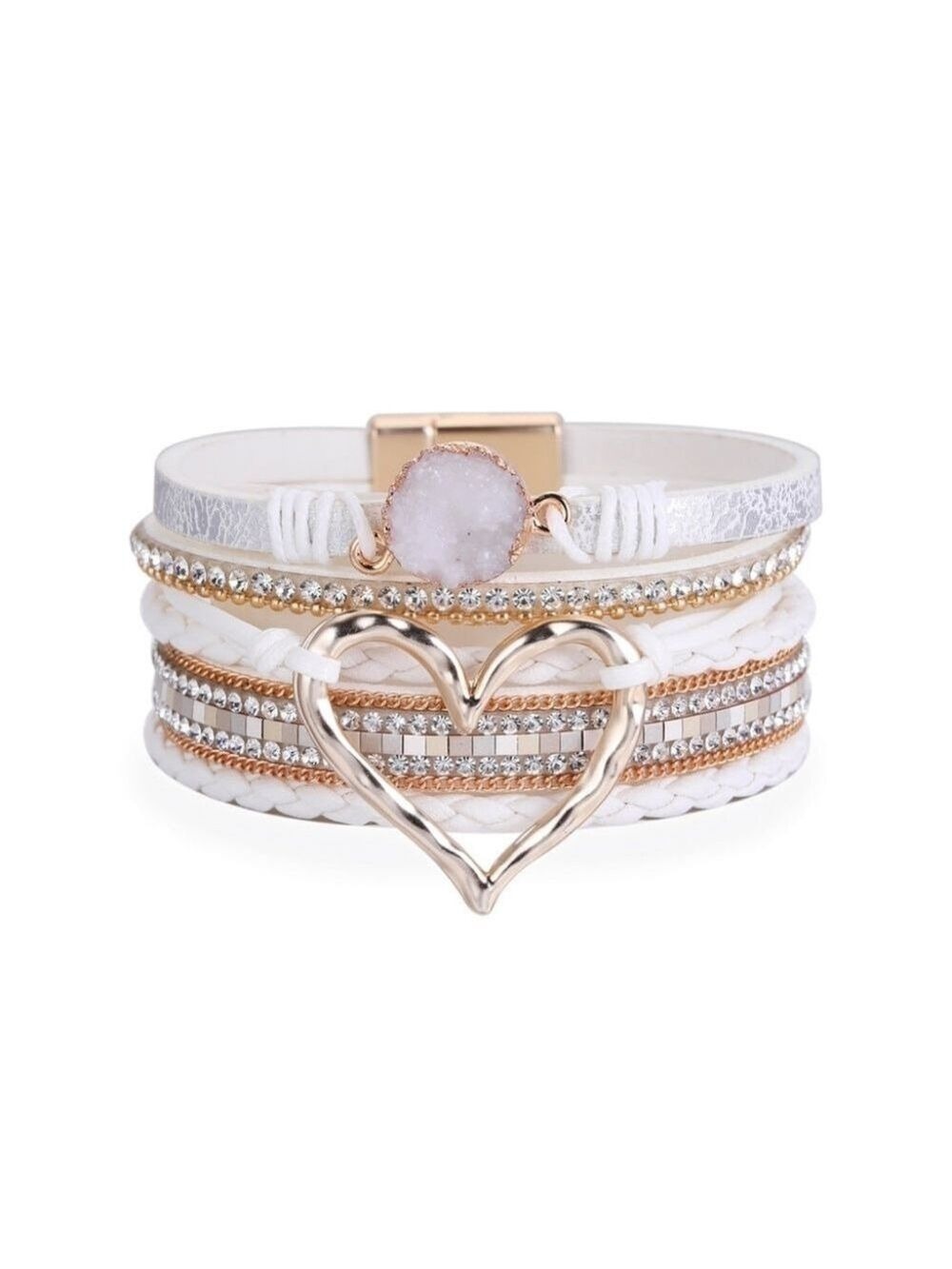 Elegant White and Gold Heart Layered Bracelet OS